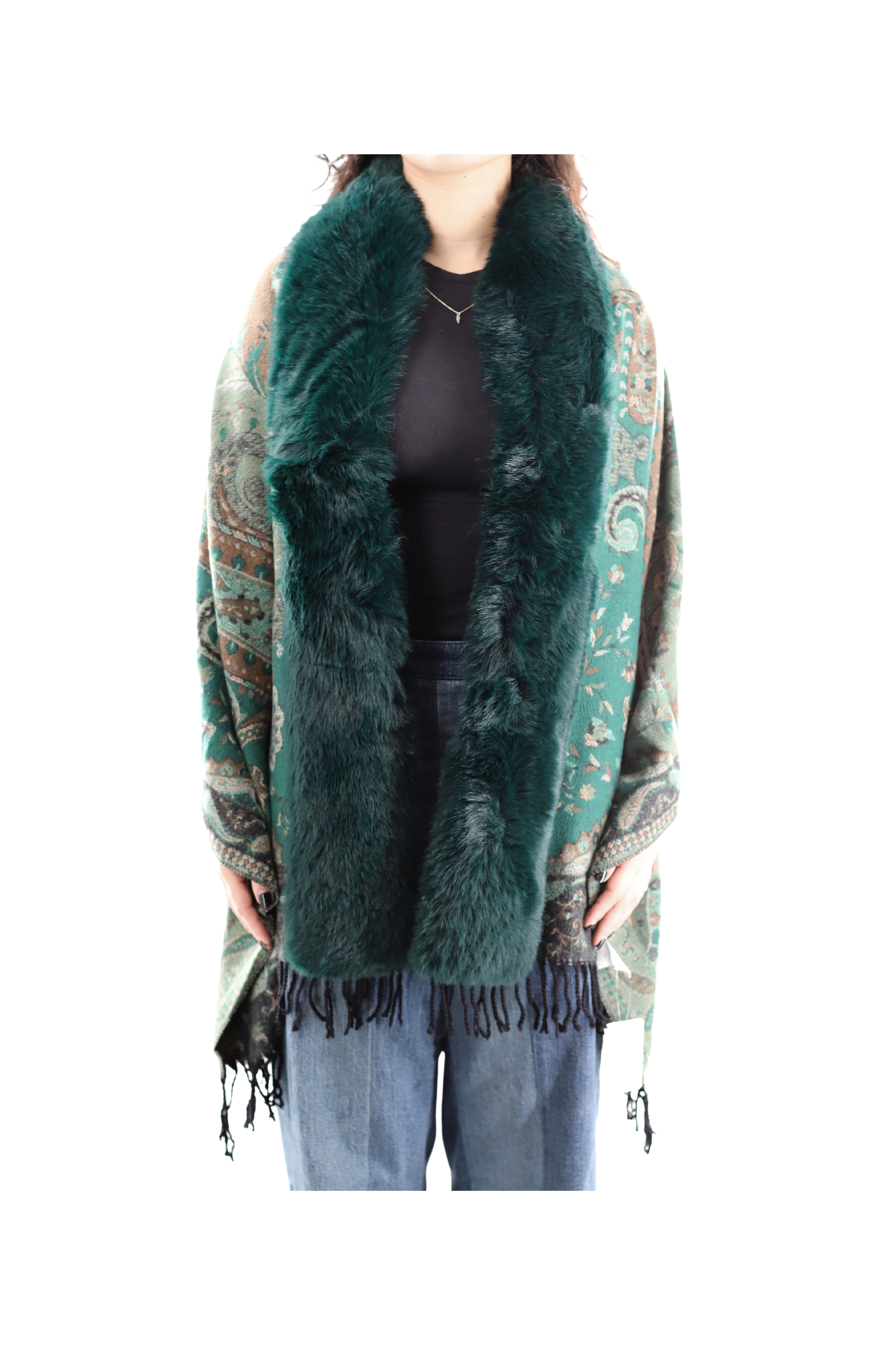 Paisley Wrap w/ Faux Fur Trim - Green