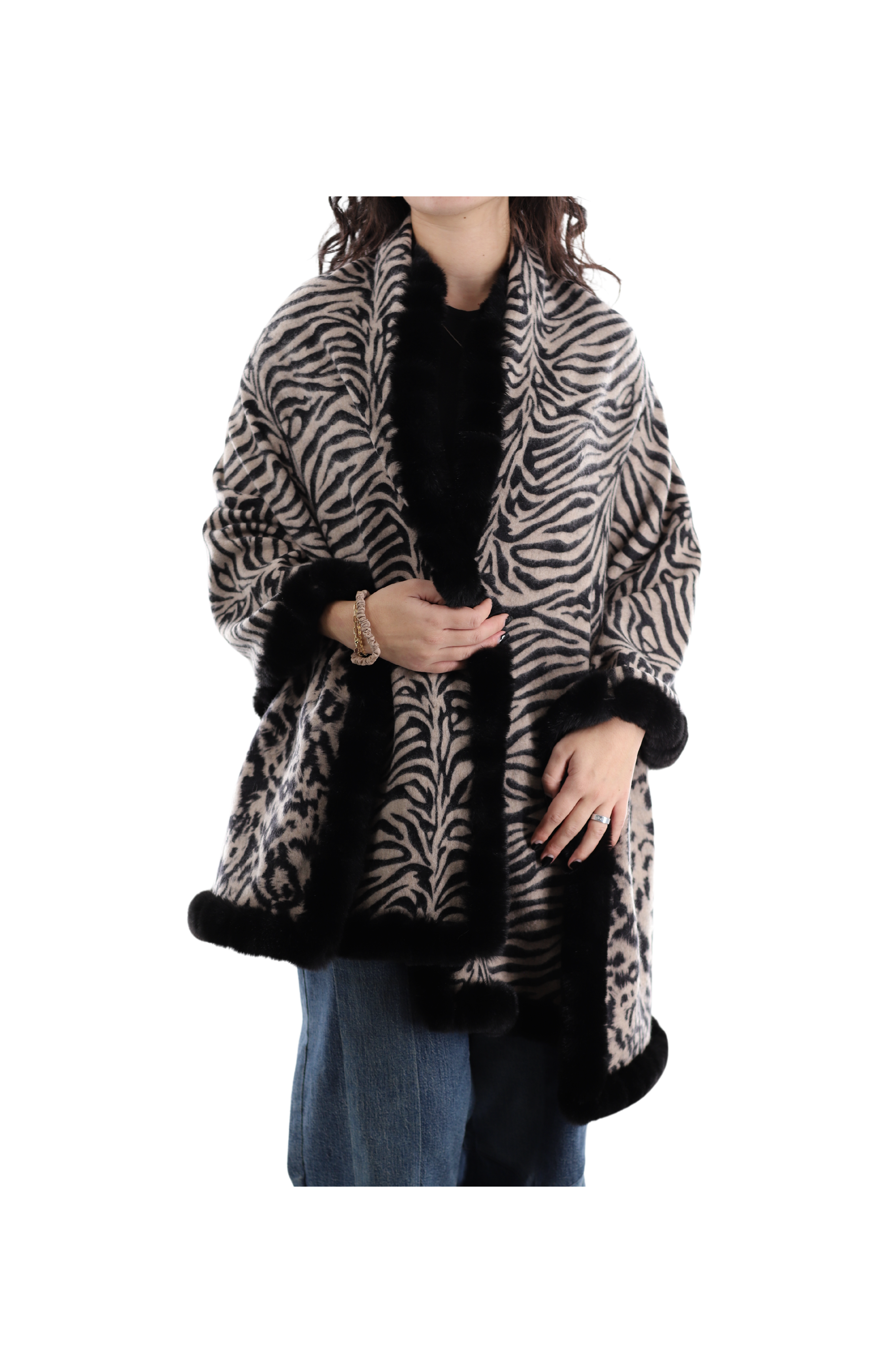 Reversible Animal Print Wrap with Faux Fur Trim - BLACK