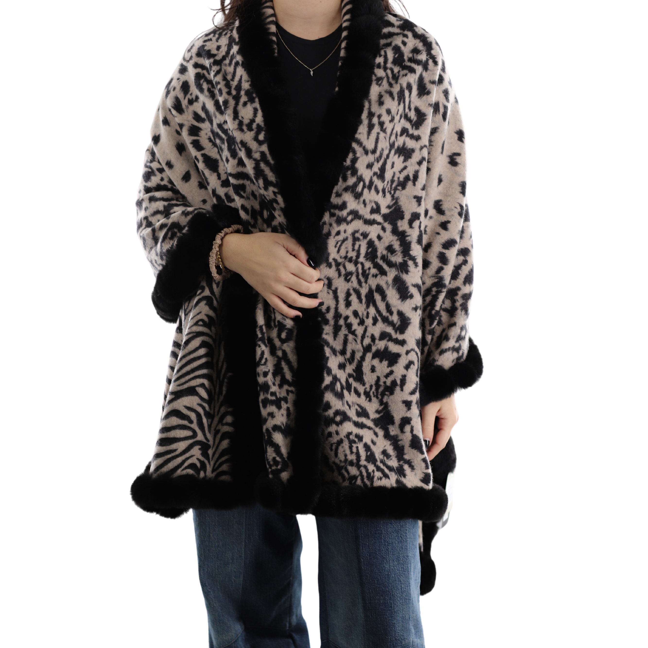 Reversible Animal Print Wrap with Faux Fur Trim - BLACK