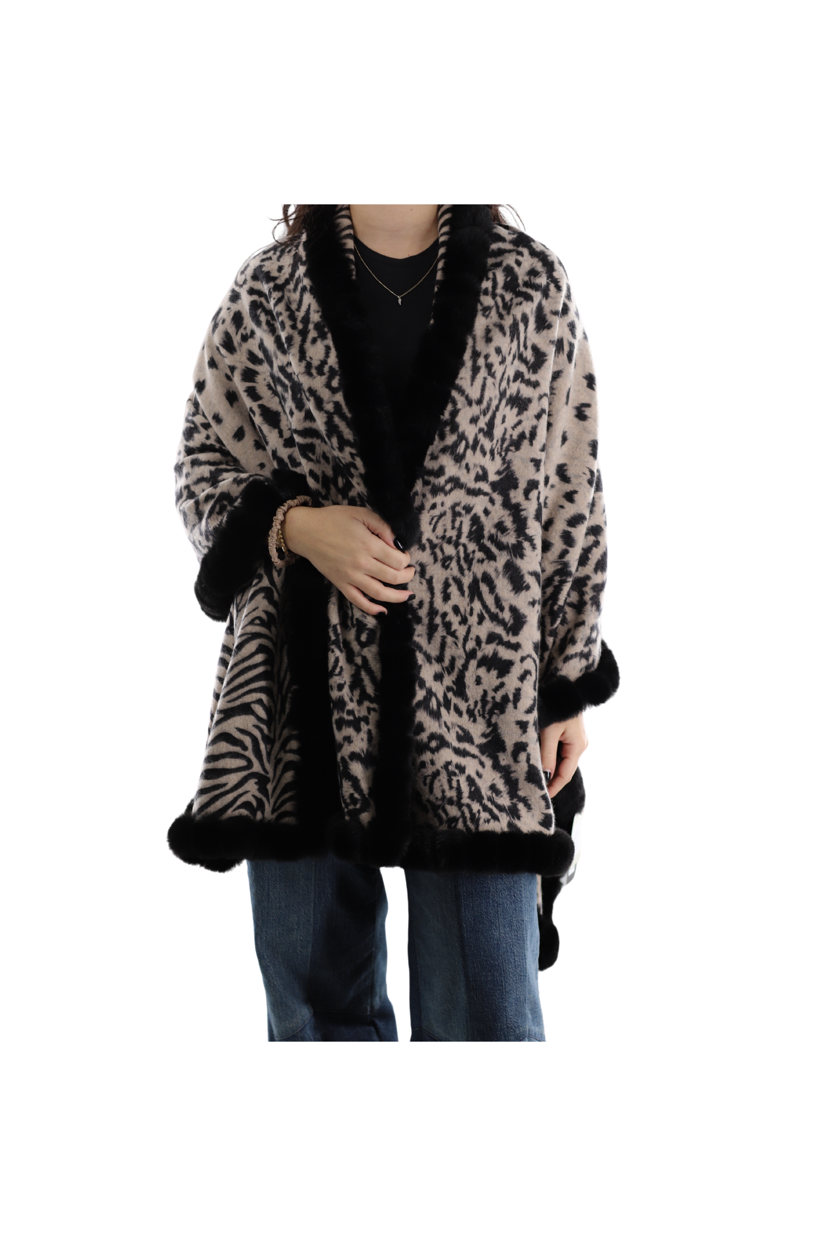 Reversible Animal Print Wrap with Faux Fur Trim - BLACK
