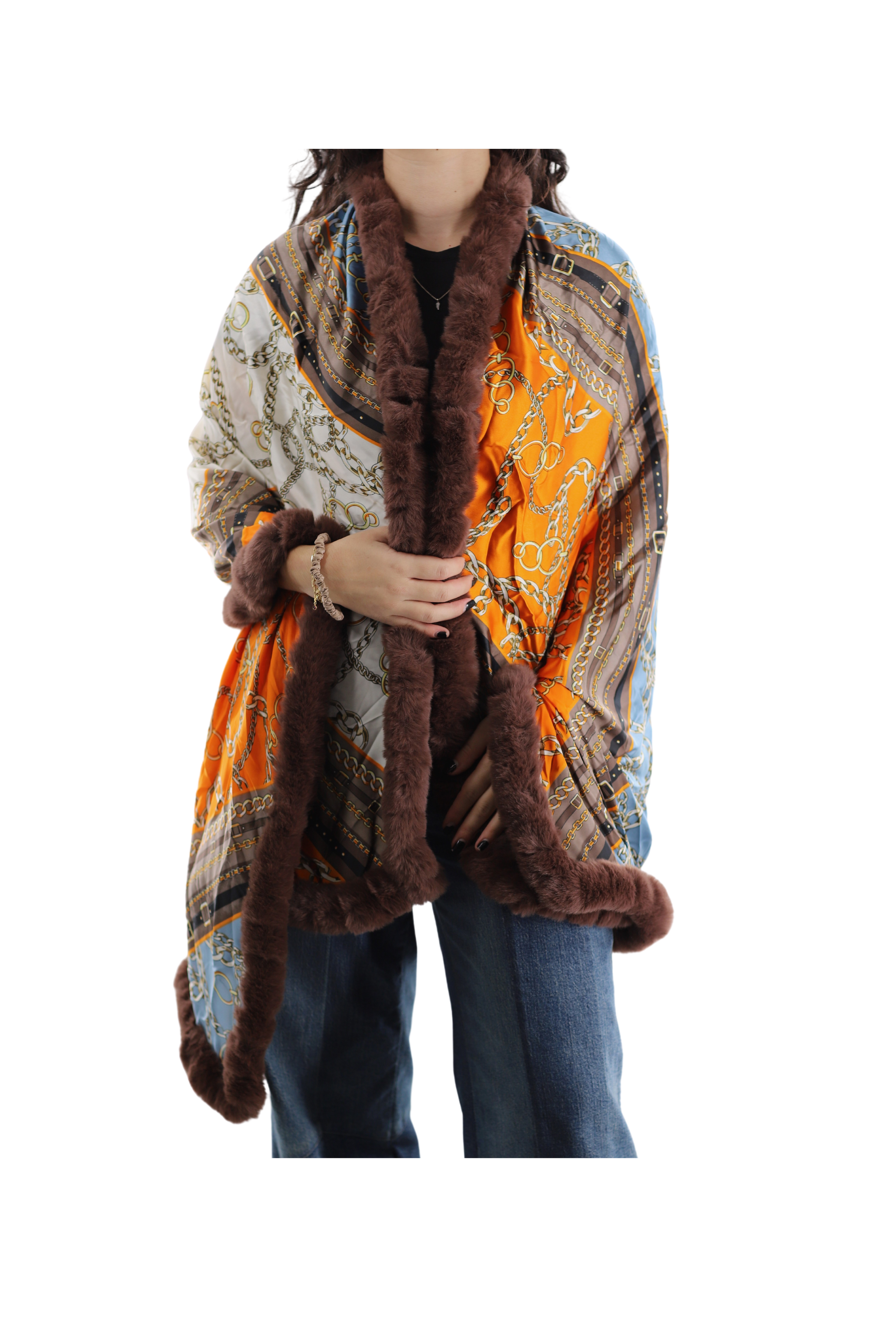Paisley Print Wrap with faux fur trim- Neutral - Wrap - La Fiorentina