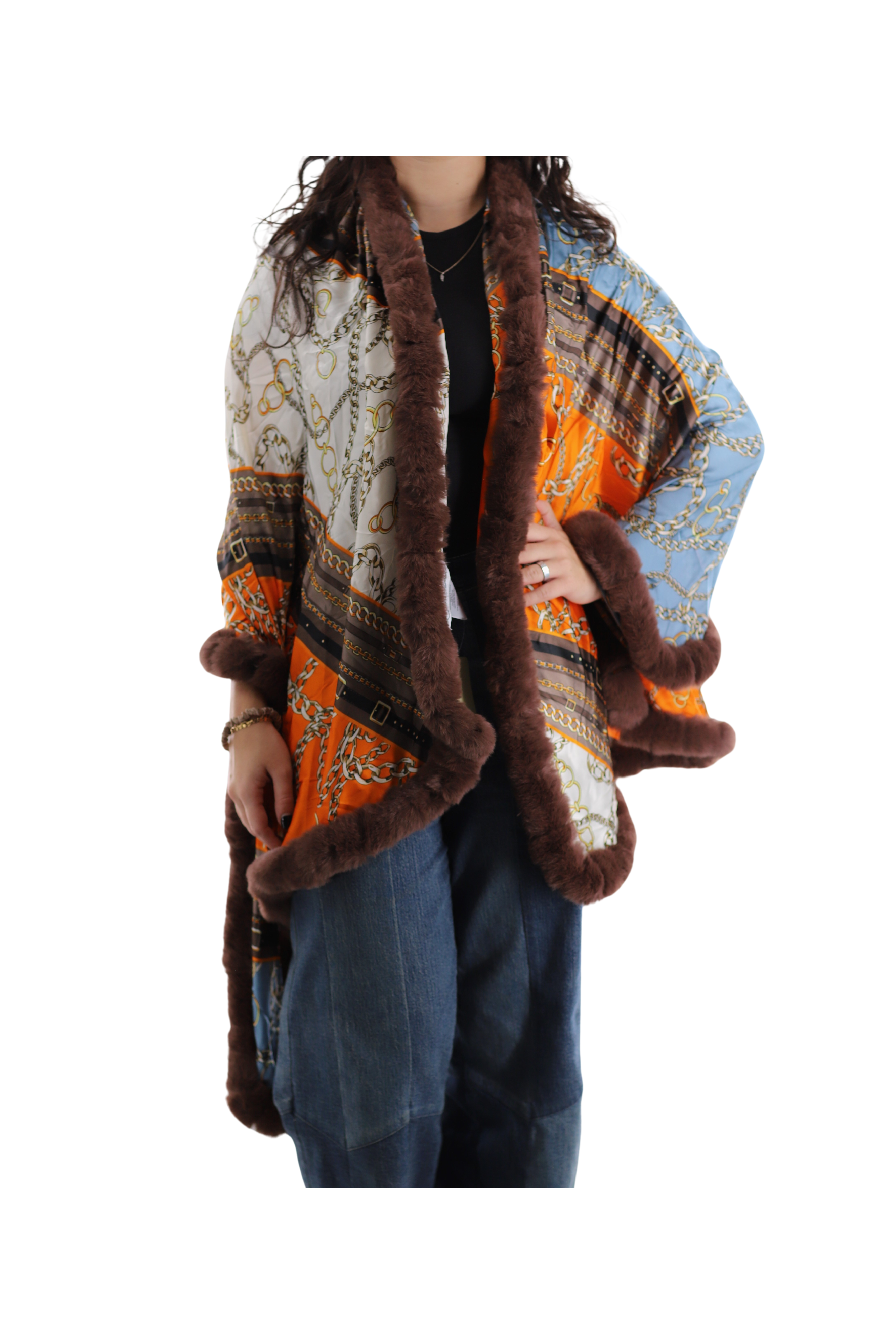 Paisley Print Wrap with faux fur trim- Neutral - Wrap - La Fiorentina