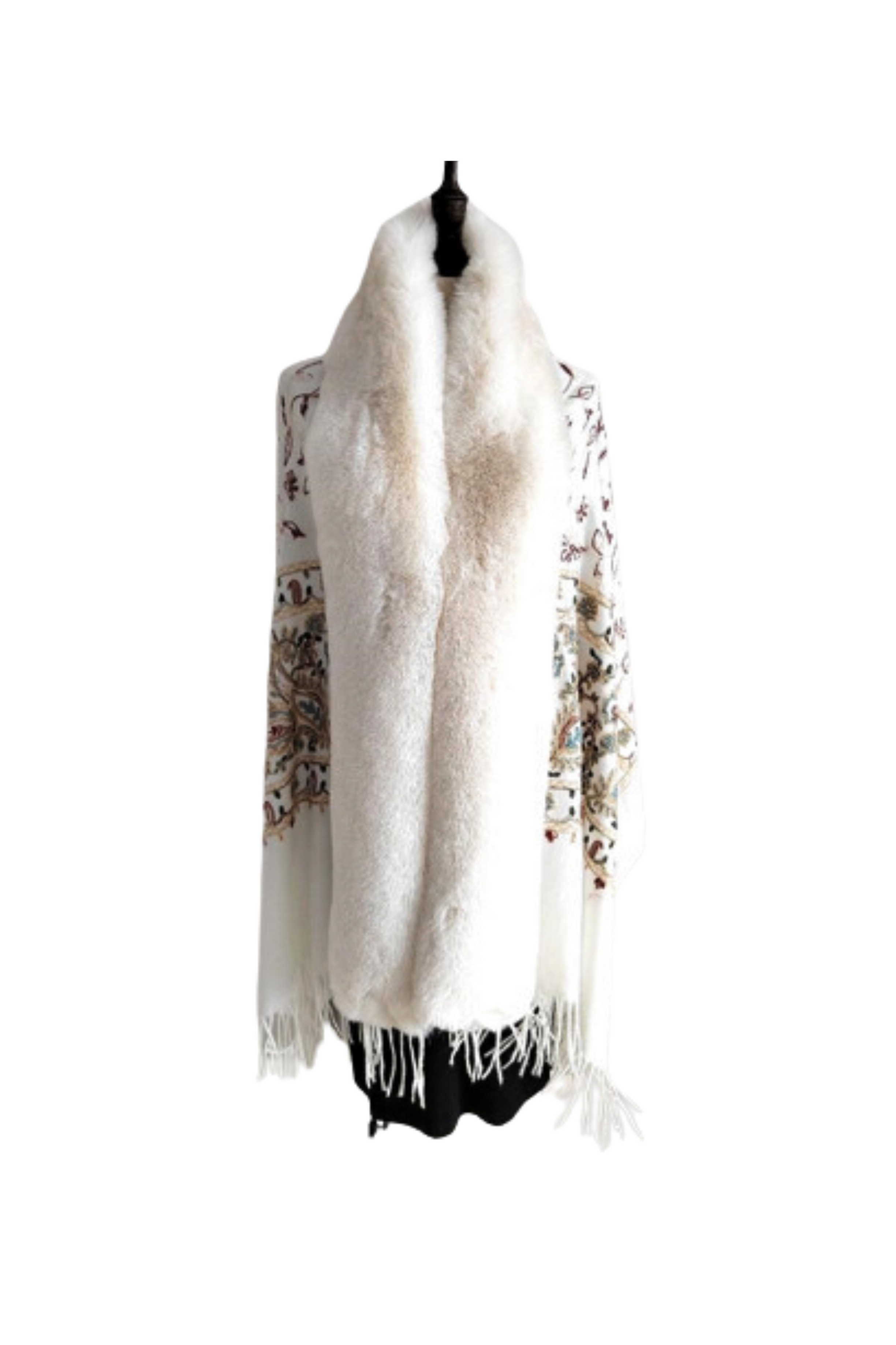 EMBROIDERED FLORAL WRAP WITH FAUX FUR TRIM - Wrap - La Fiorentina