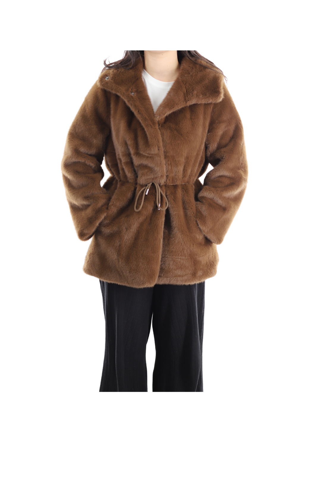 Luxe Faux Fur Jacket with Hood FAUX2418 BROWN Large Outerwear Women s Clothing Accessories