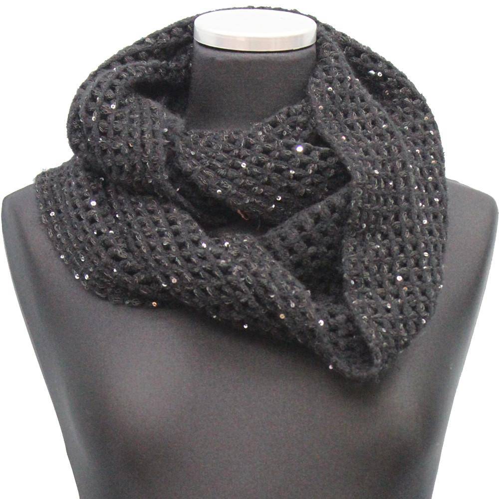 Open Crochet Infinity Muffler w/ Sequins-Black - Muffler - La Fiorentina LX-S1415