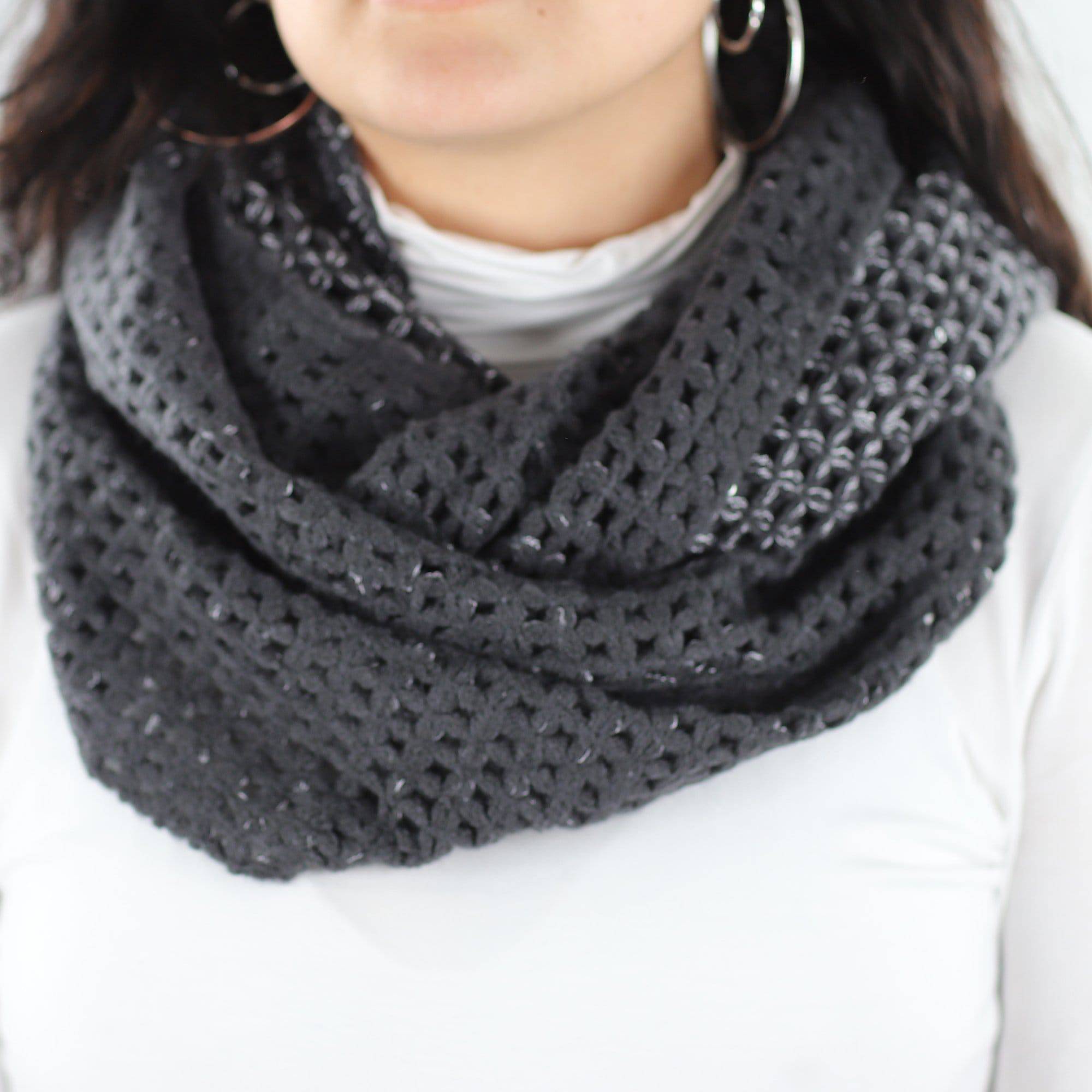 Open Crochet Infinity Muffler w/ Sequins-Charcoal - Muffler - La Fiorentina LX-S1415
