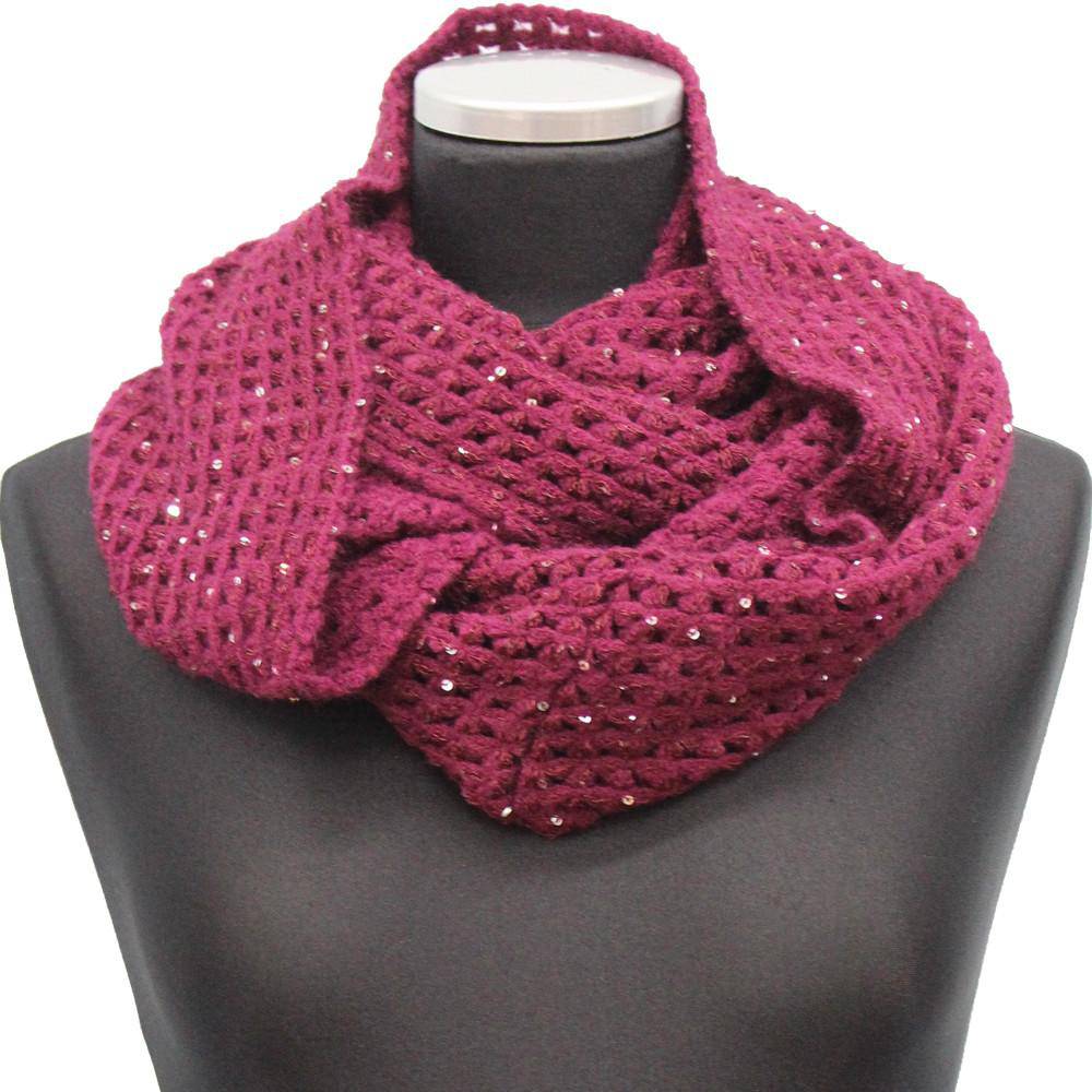 Open Crochet Infinity Muffler w/ Sequins-Ruby - Muffler - La Fiorentina LX-S1415