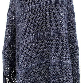 Open Knit Poncho with Suede Fringe - Poncho - La Fiorentina,Dark Blue  '1559606