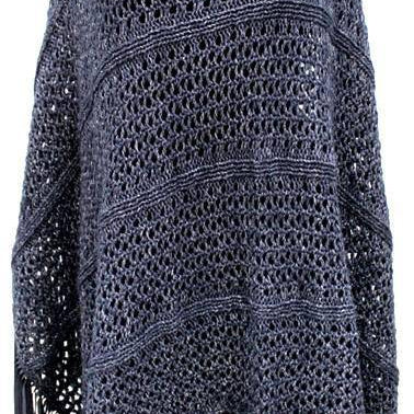 Open Knit Poncho with Suede Fringe - Poncho - La Fiorentina,Dark Blue  '1559606