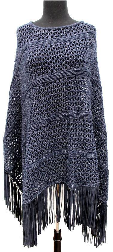 Open Knit Poncho with Suede Fringe - Poncho - La Fiorentina,Dark Blue  '1559606