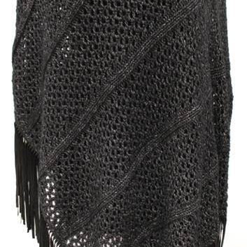 Open Knit Poncho with Suede Fringe - Poncho - La Fiorentina,Black '1559605