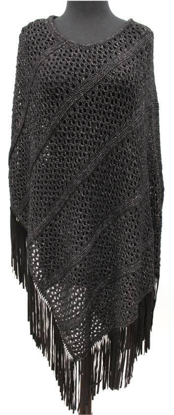 Open Knit Poncho with Suede Fringe - Poncho - La Fiorentina,Black '1559605