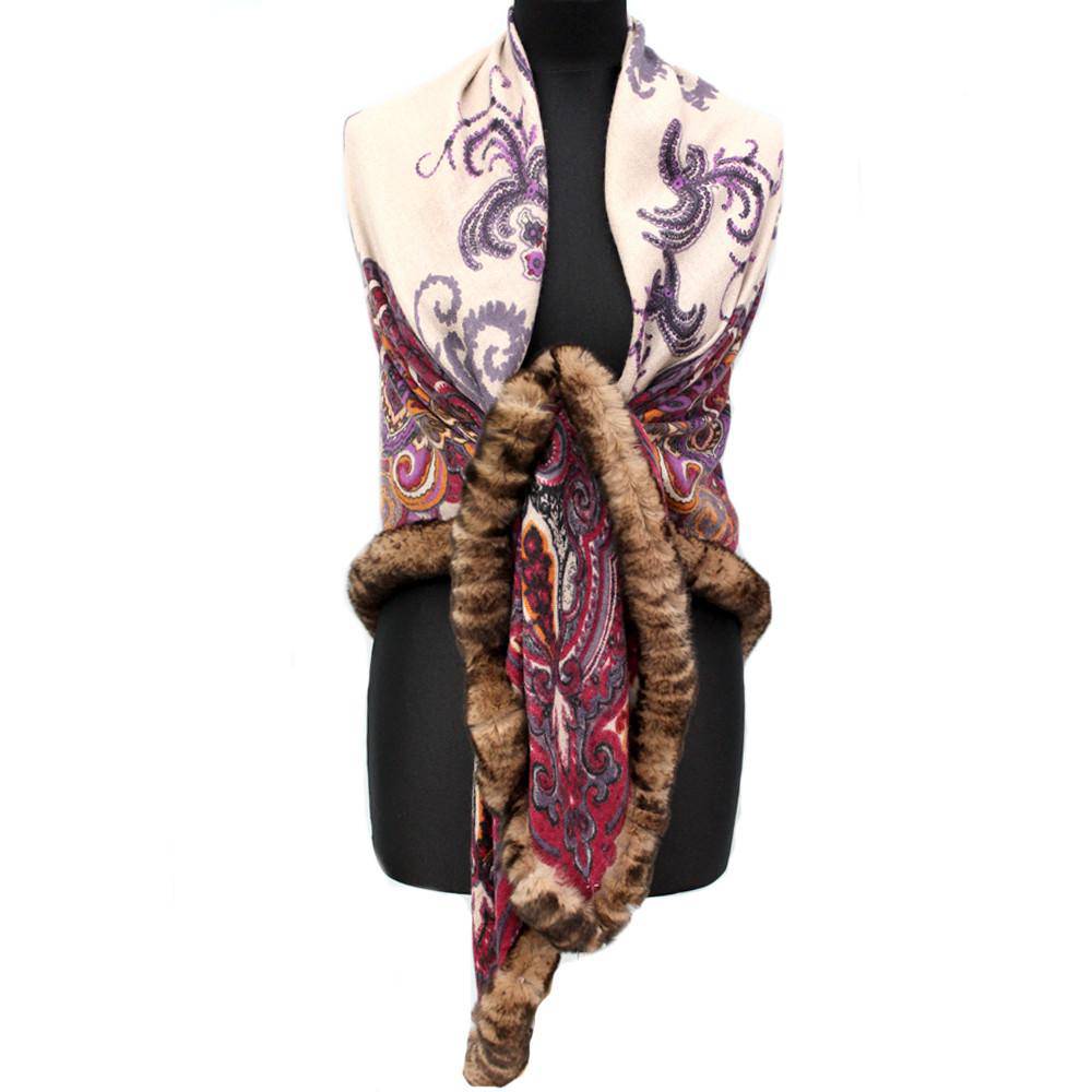 Paisley Print Rabbit Fur Trim Wrap - Wine - Wrap - La Fiorentina CL2085