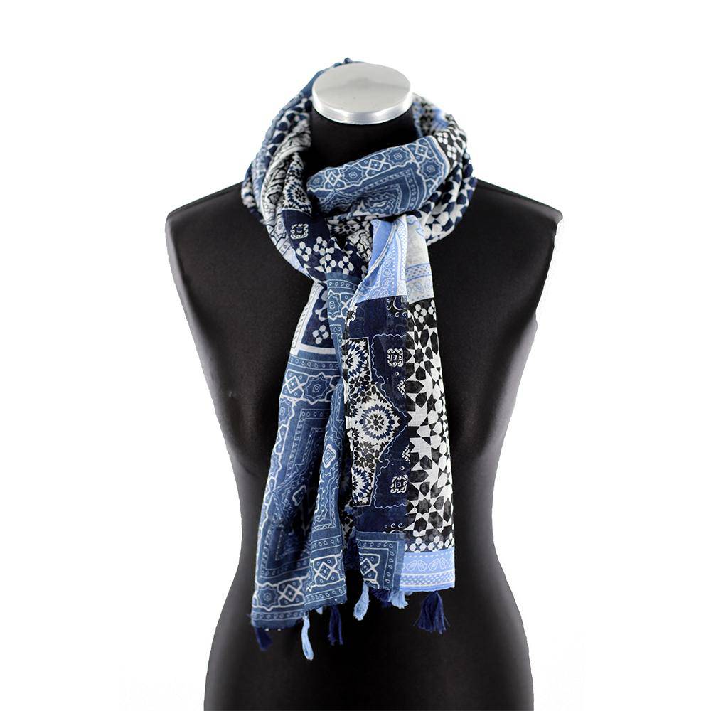 Paisley Print Scarf with Tassels - Blue -  - La Fiorentina HH03
