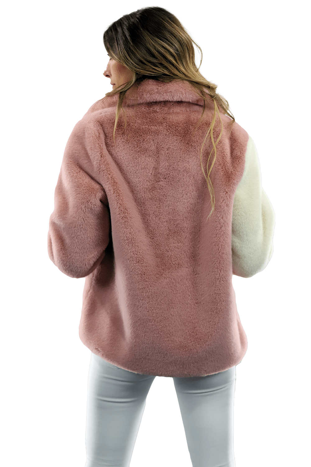 Plush Faux Fur Color Block Coat - Pink/White - Coat - La Fiorentina FAUX203A_PINKWHITE