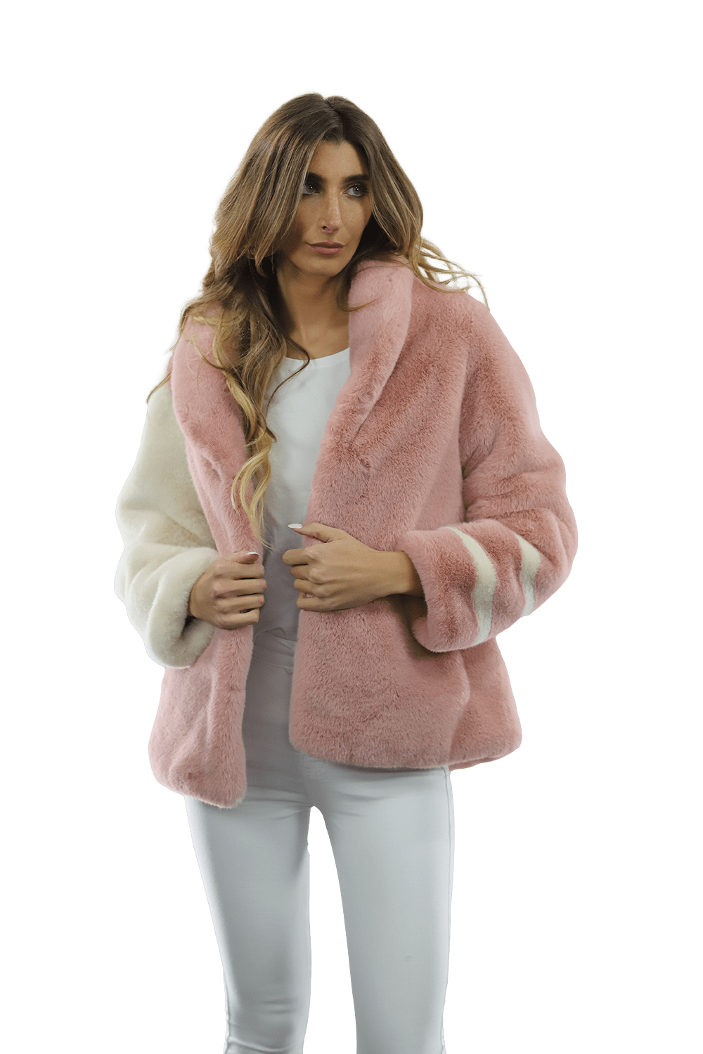 Plush Faux Fur Color Block Coat - Pink/White - Coat - La Fiorentina FAUX203A_PINKWHITE