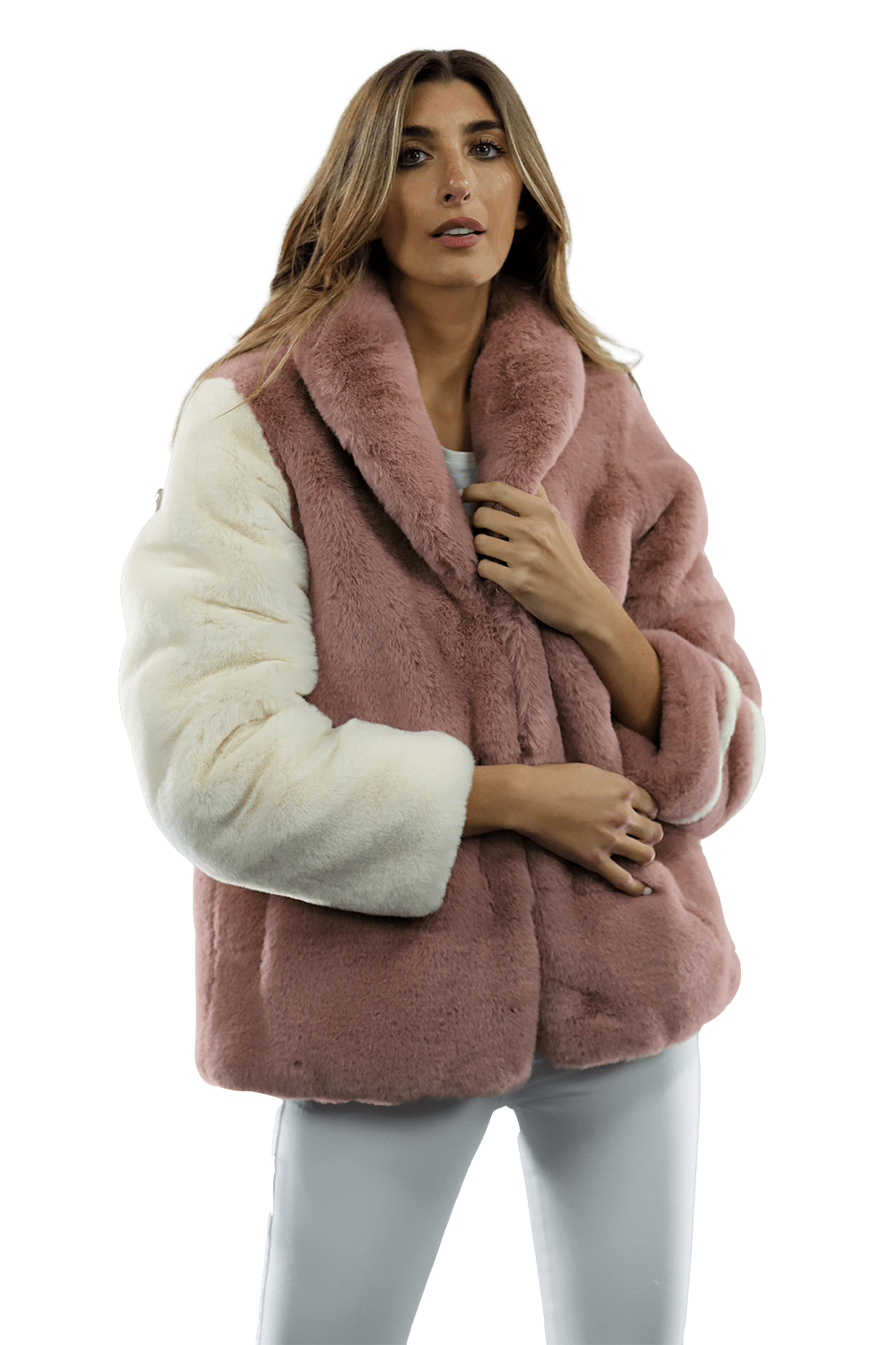 Plush Faux Fur Color Block Coat - Pink/White - Coat - La Fiorentina FAUX203A_PINKWHITE