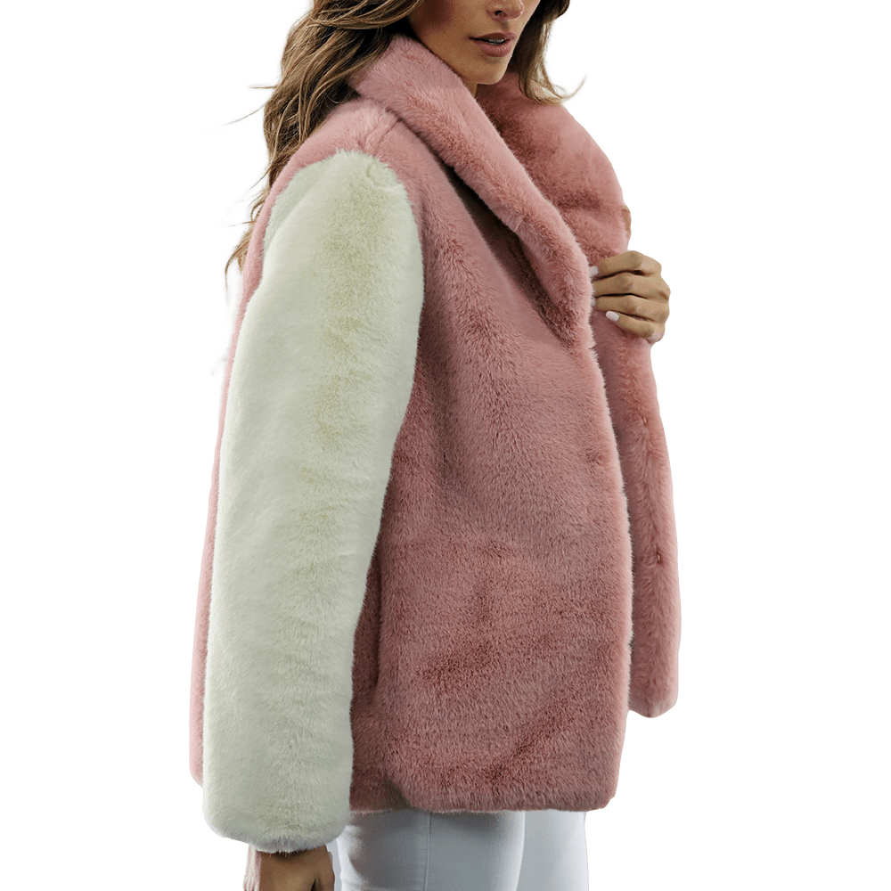 Plush Faux Fur Color Block Coat - Pink/White - Coat - La Fiorentina FAUX203A_PINKWHITE