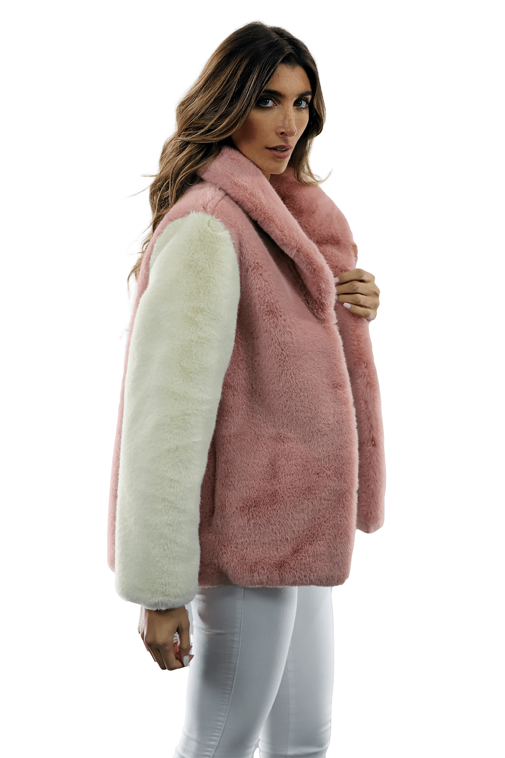 Plush Faux Fur Color Block Coat - Pink/White - Coat - La Fiorentina FAUX203A_PINKWHITE