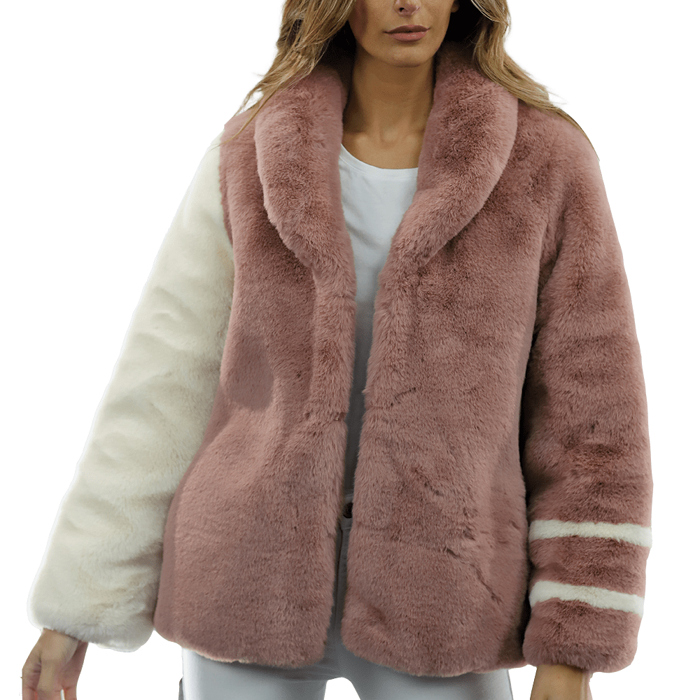 Plush Faux Fur Color Block Coat - Pink/White - Coat - La Fiorentina FAUX203A_PINKWHITE