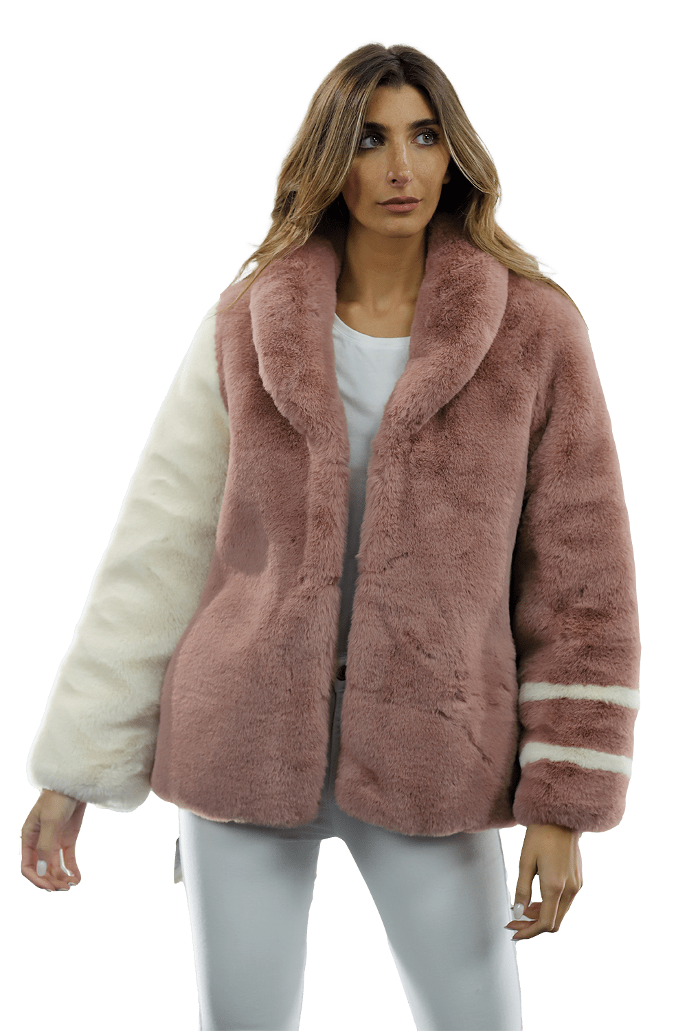 Plush Faux Fur Color Block Coat - Pink/White - Coat - La Fiorentina FAUX203A_PINKWHITE