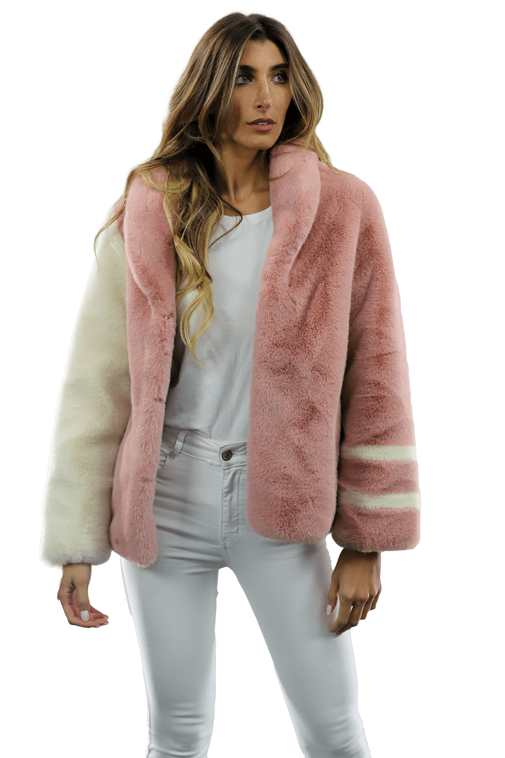 Plush Faux Fur Color Block Coat - Pink/White - Coat - La Fiorentina FAUX203A_PINKWHITE