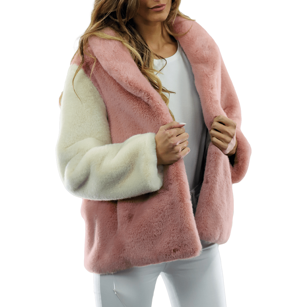 Plush Faux Fur Color Block Coat - Pink/White - Coat - La Fiorentina FAUX203A_PINKWHITE