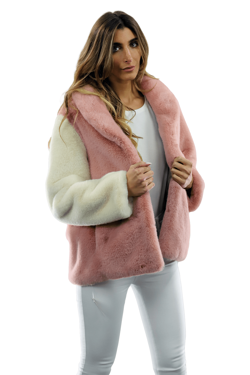 Plush Faux Fur Color Block Coat - Pink/White - Coat - La Fiorentina FAUX203A_PINKWHITE