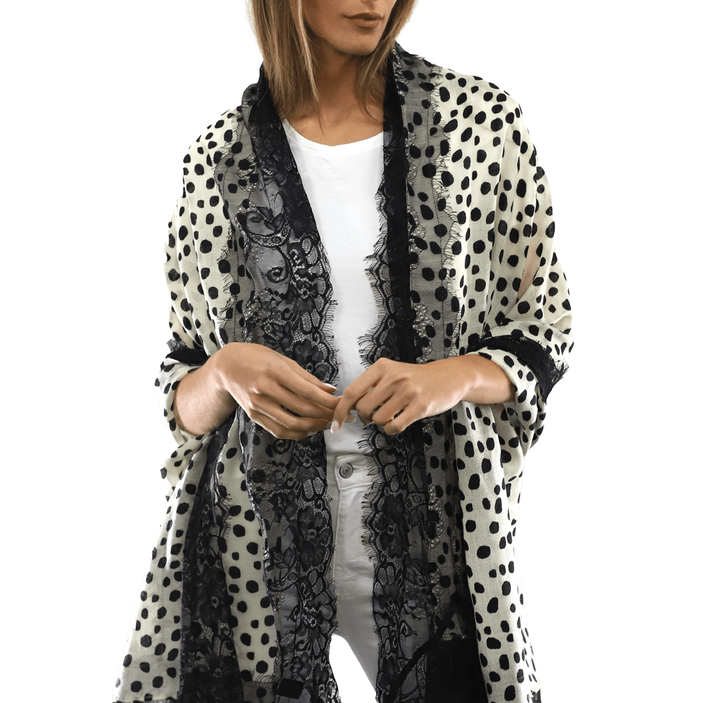 Polka Dot Print Scarf w/ Lace Trim - Ivory/Black - Scarf - La Fiorentina '850046