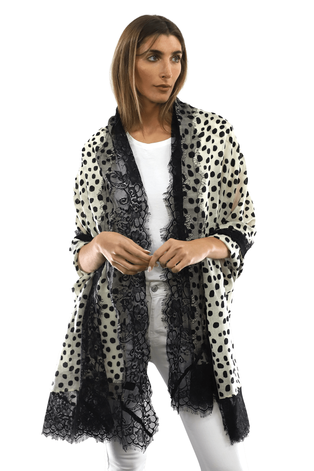 Polka Dot Print Scarf w/ Lace Trim - Ivory/Black - Scarf - La Fiorentina '850046