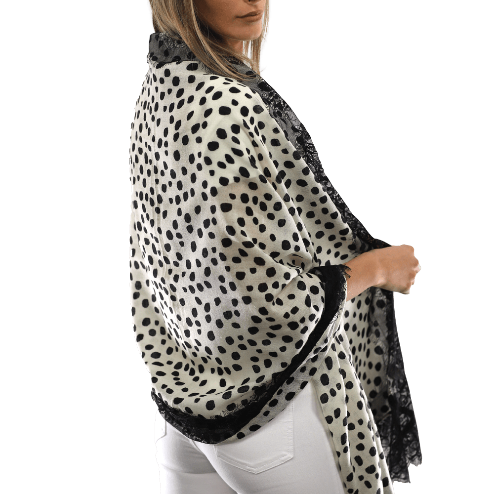Polka Dot Print Scarf w/ Lace Trim - Ivory/Black - Scarf - La Fiorentina '850046