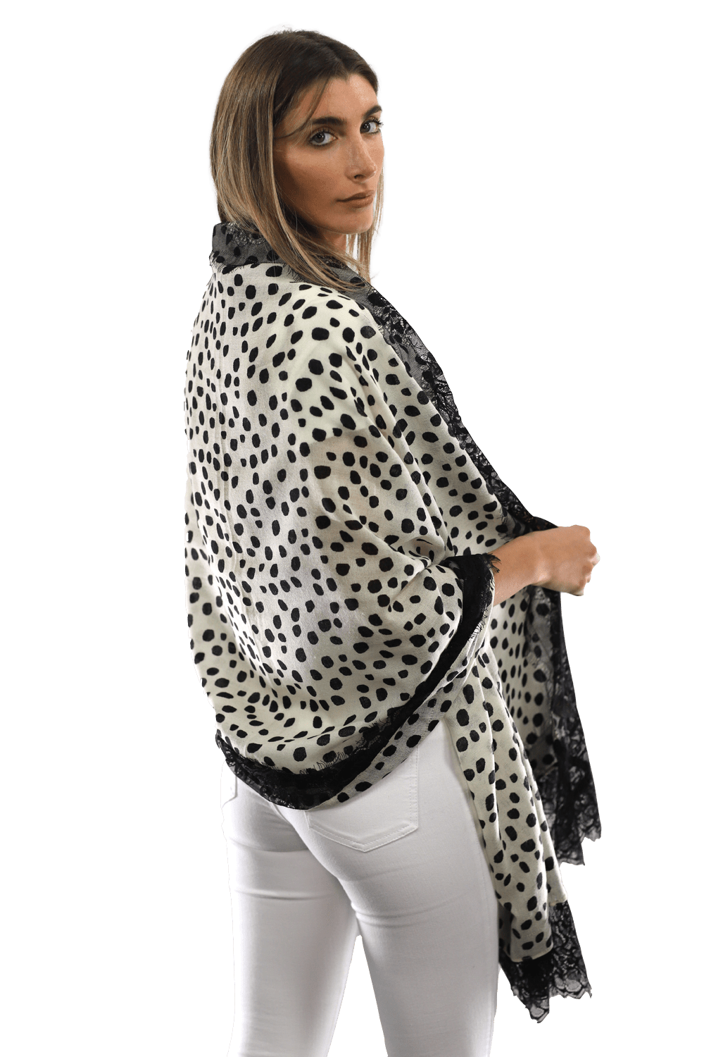 Polka Dot Print Scarf w/ Lace Trim - Ivory/Black - Scarf - La Fiorentina '850046