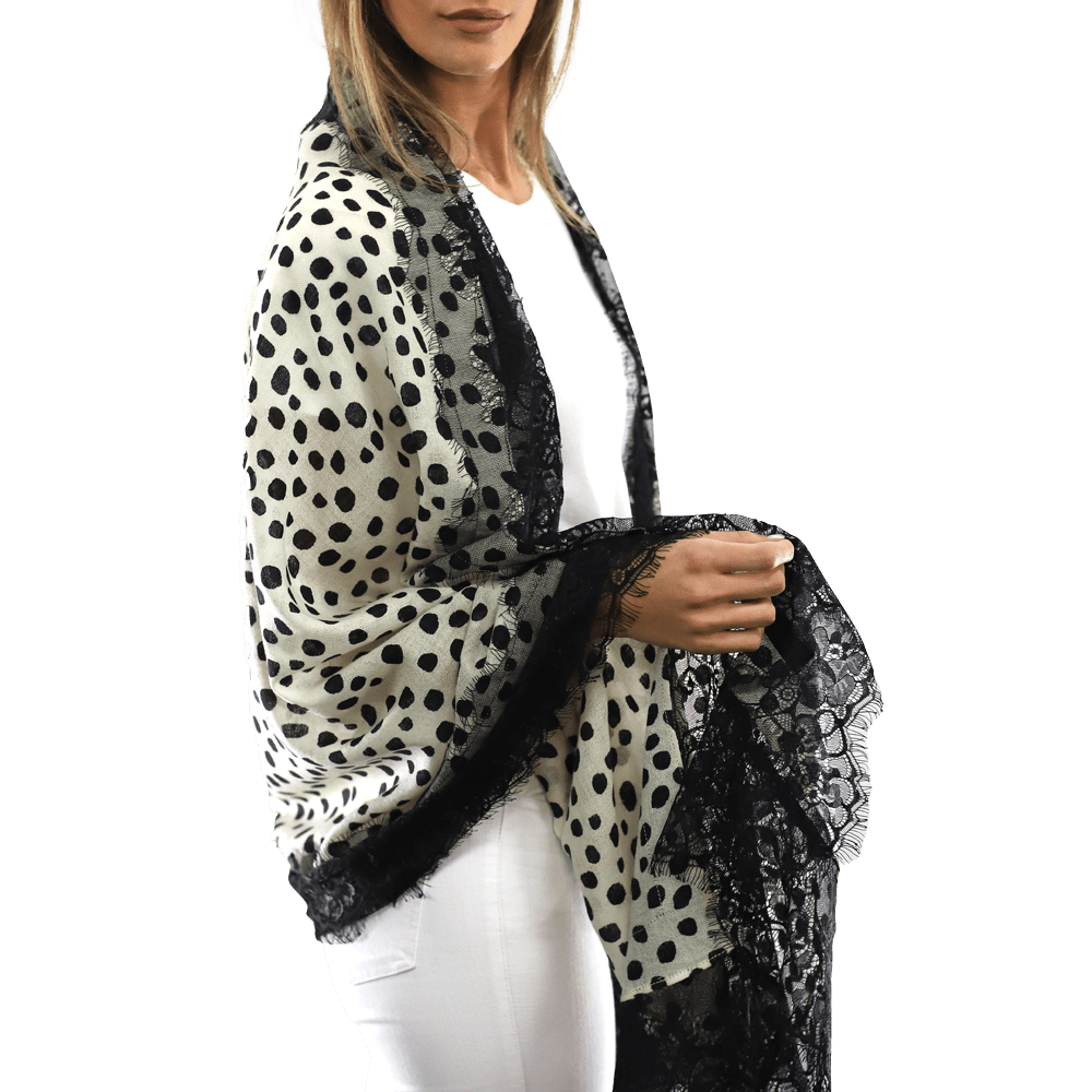 Polka Dot Print Scarf w/ Lace Trim - Ivory/Black - Scarf - La Fiorentina '850046