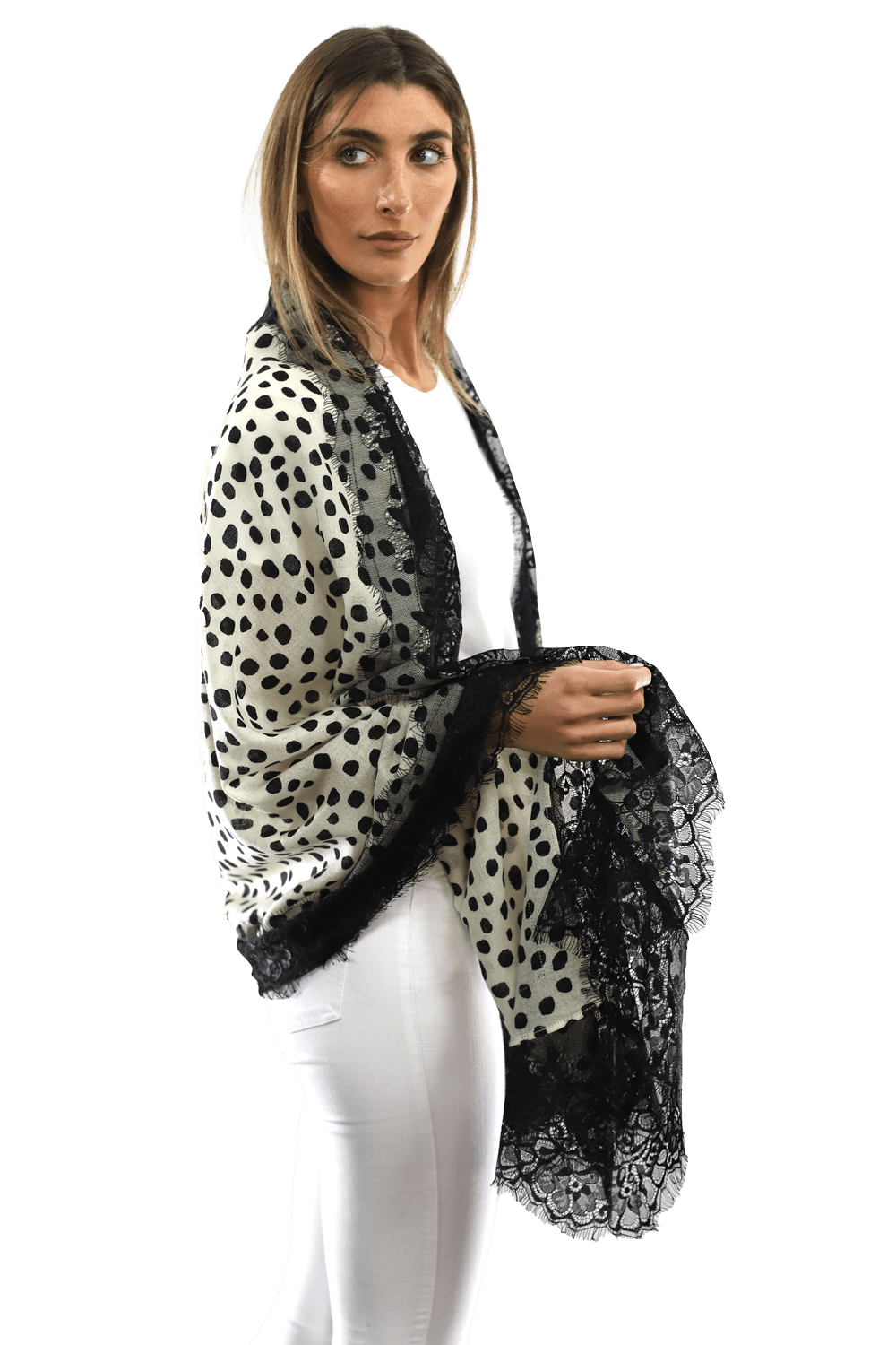 Polka Dot Print Scarf w/ Lace Trim - Ivory/Black - Scarf - La Fiorentina '850046