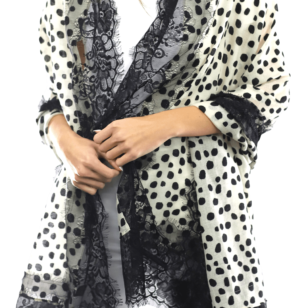 Polka Dot Print Scarf w/ Lace Trim - Ivory/Black - Scarf - La Fiorentina '850046