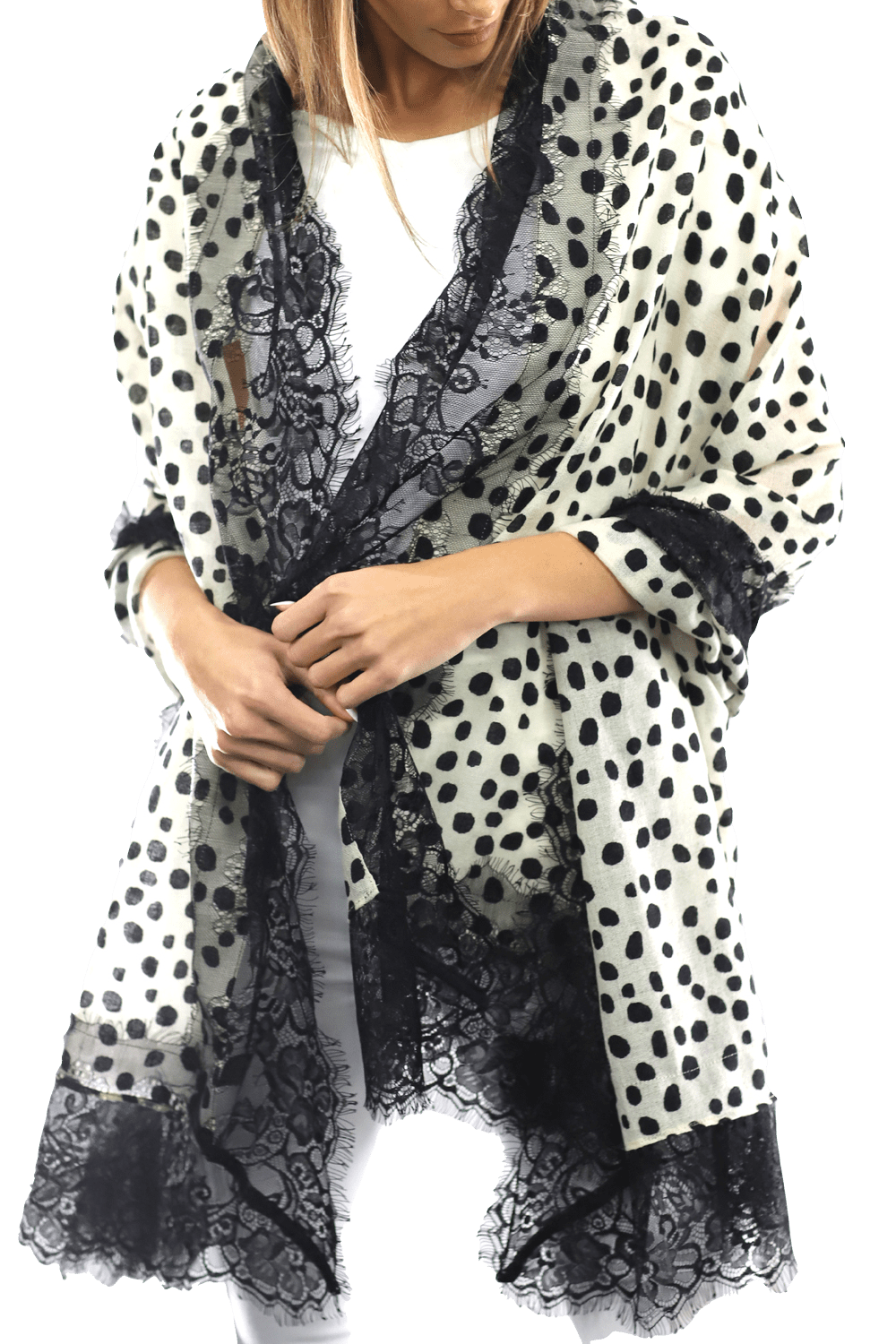 Polka Dot Print Scarf w/ Lace Trim - Ivory/Black - Scarf - La Fiorentina '850046