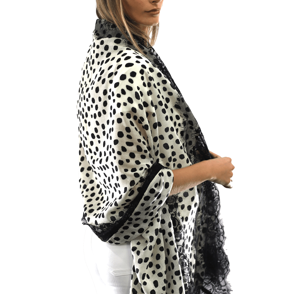 Polka Dot Print Scarf w/ Lace Trim - Ivory/Black - Scarf - La Fiorentina '850046