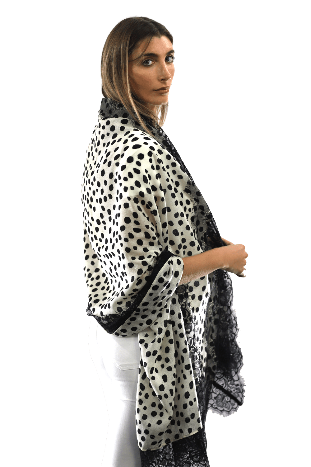 Polka Dot Print Scarf w/ Lace Trim - Ivory/Black - Scarf - La Fiorentina '850046