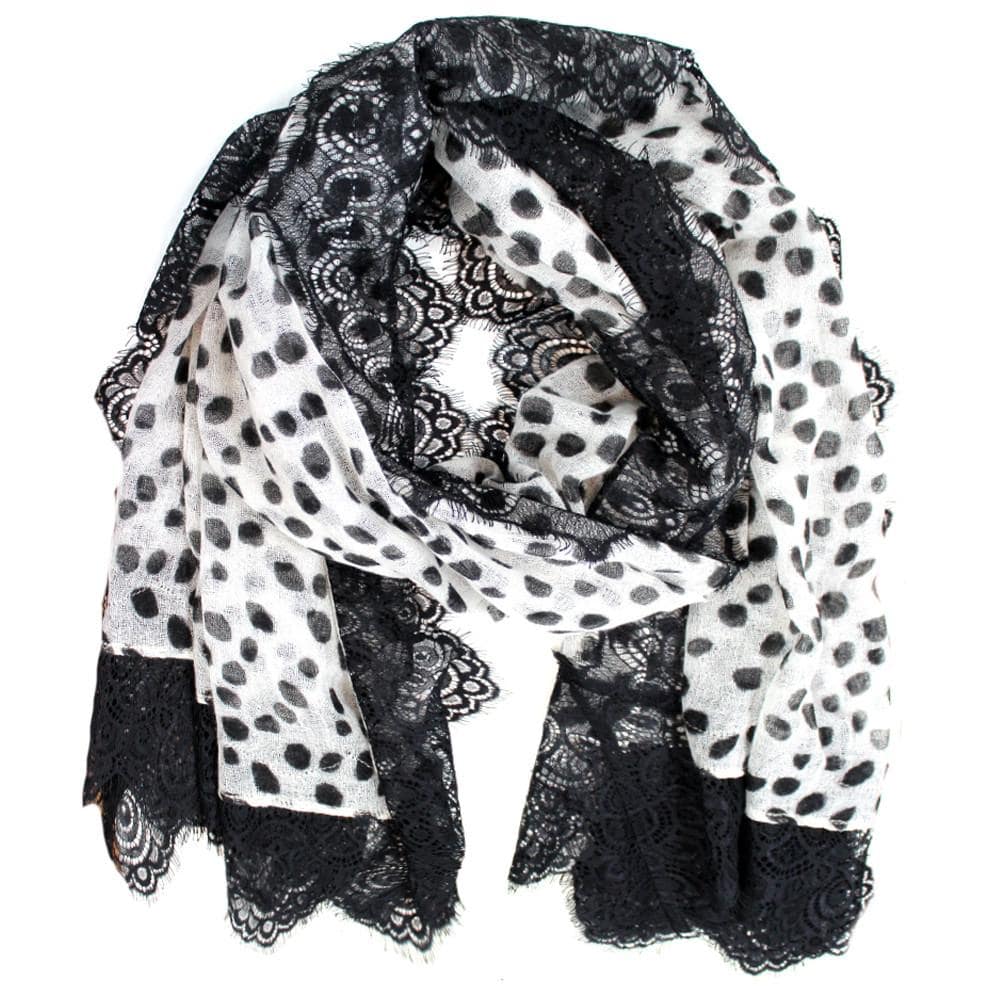 Polka Dot Print Scarf w/ Lace Trim - Ivory/Black - Scarf - La Fiorentina '850046