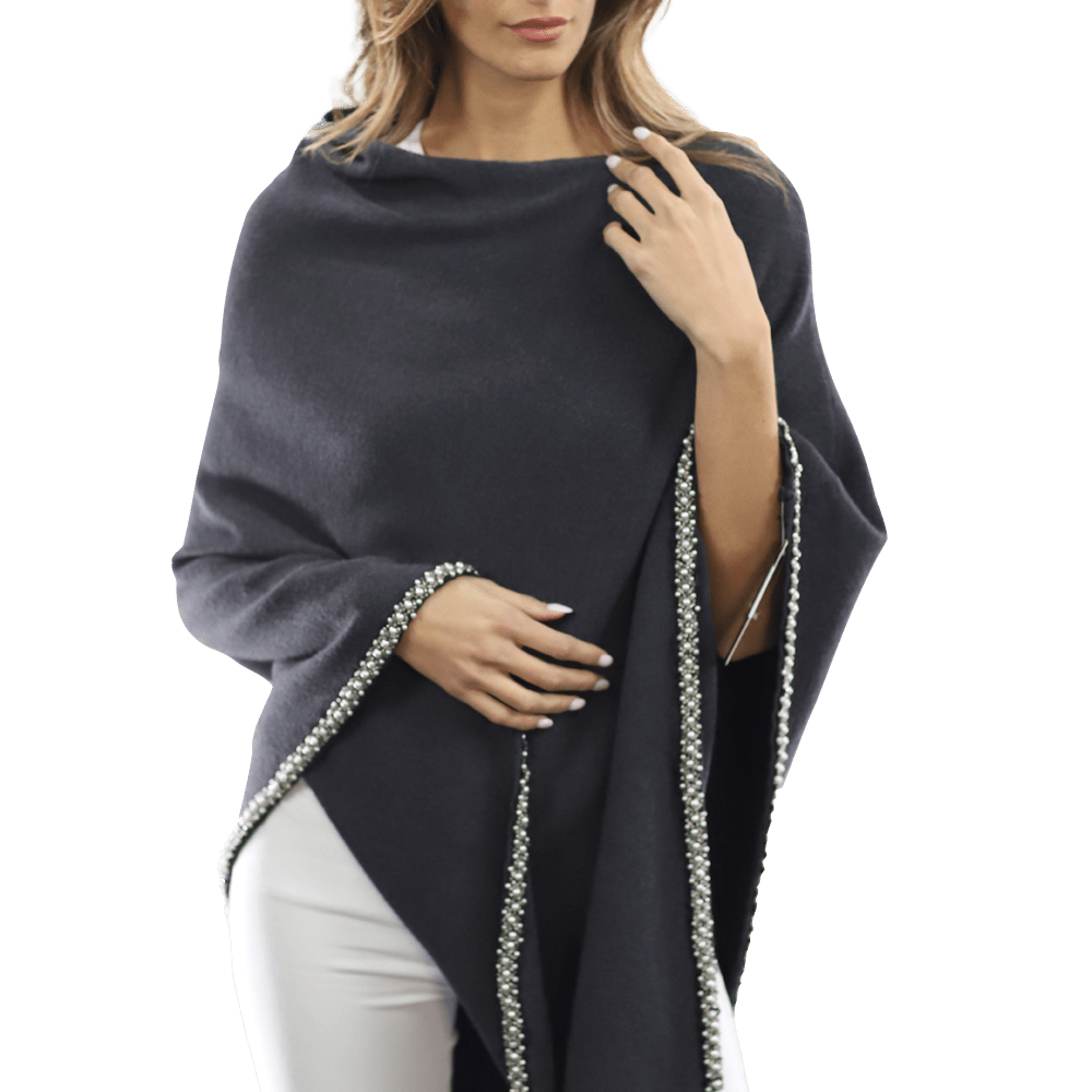 Poncho with Beaded Boarder - Poncho - La Fiorentina,Gray BE806 gray