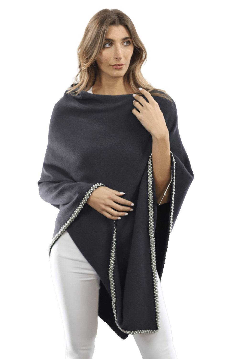 Poncho with Beaded Boarder - Poncho - La Fiorentina,Gray BE806 gray