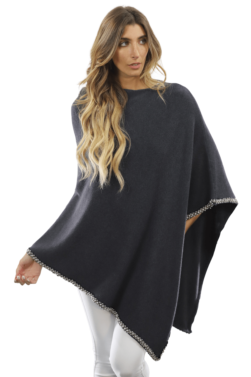 Poncho with Beaded Boarder - Poncho - La Fiorentina,Gray BE806 gray