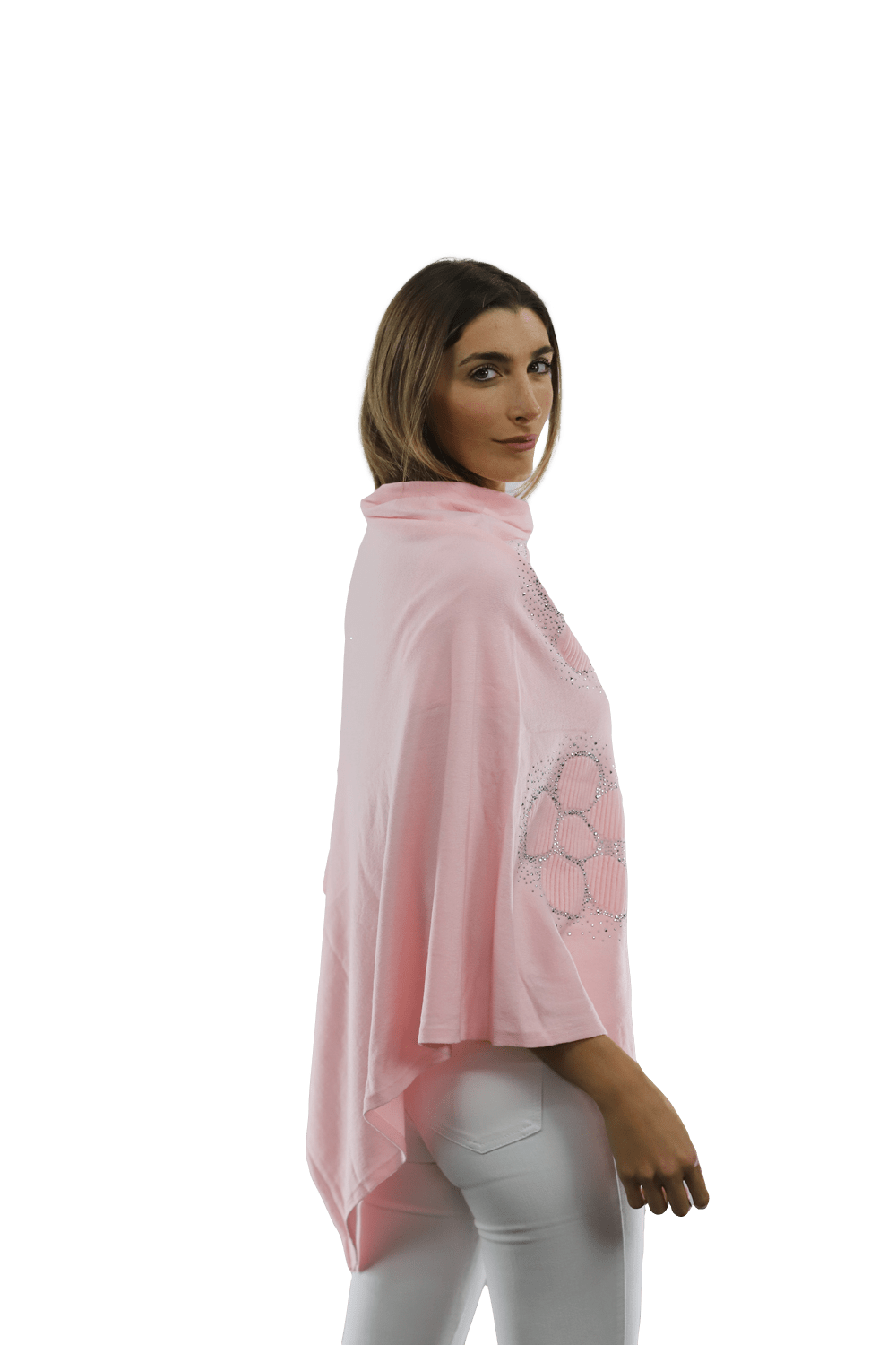 Poncho with Embellished Floral Print - Poncho - La Fiorentina,Pink B40-L