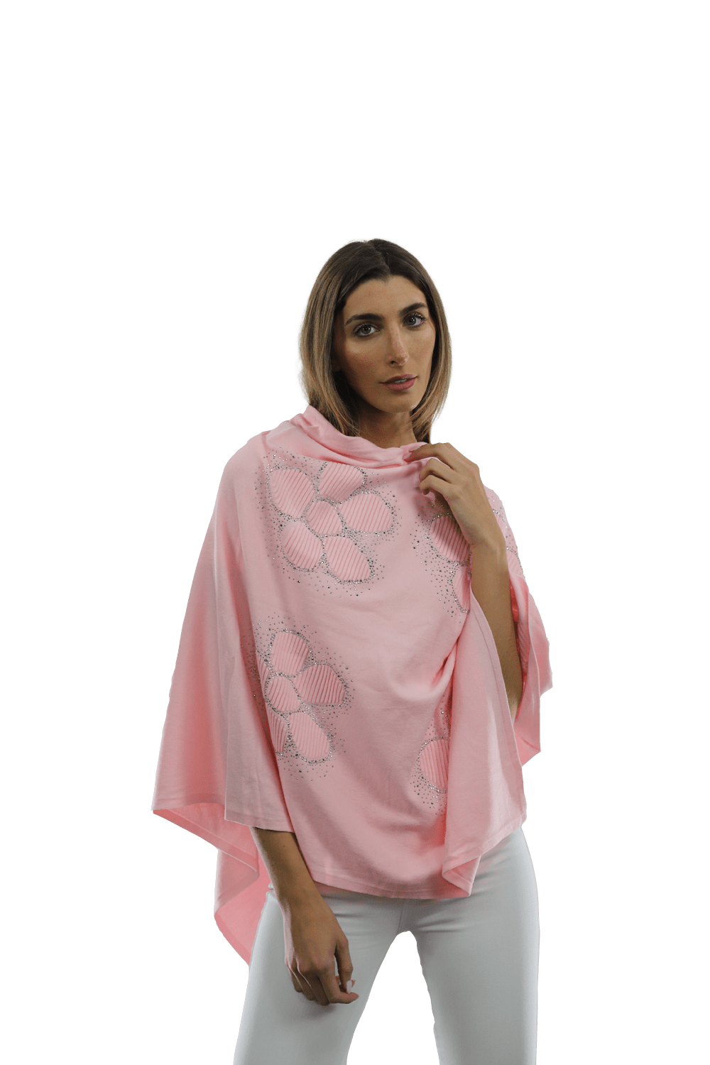 Poncho with Embellished Floral Print - Poncho - La Fiorentina,Pink B40-L