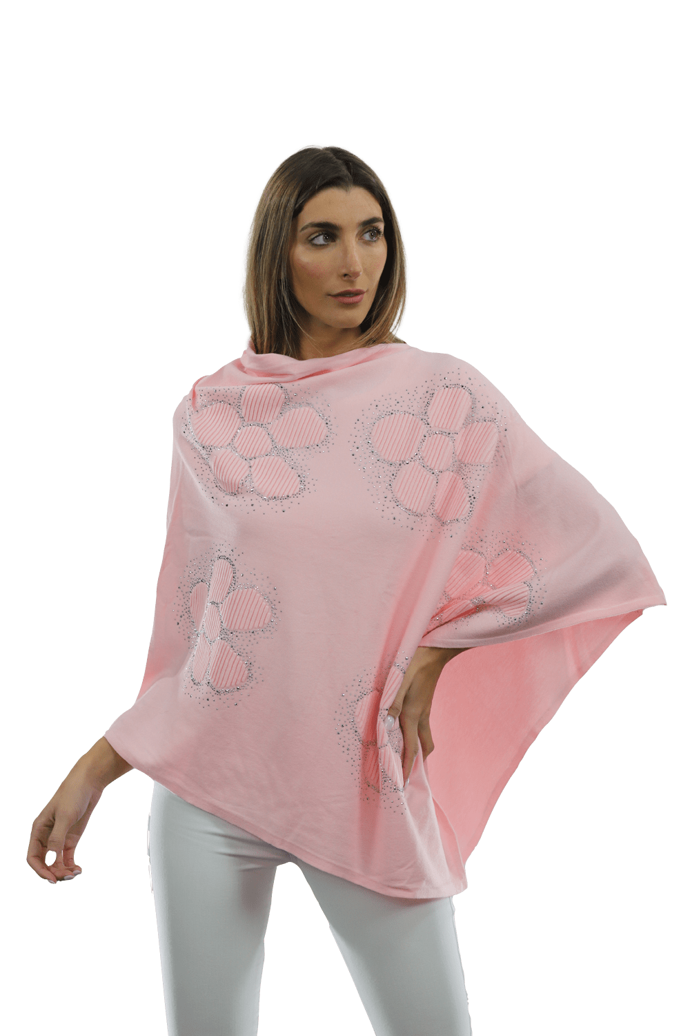 Poncho with Embellished Floral Print - Poncho - La Fiorentina,Pink B40-L