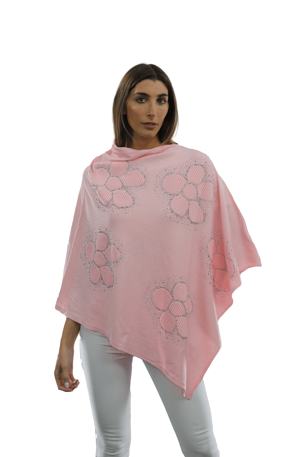 Poncho with Embellished Floral Print - Poncho - La Fiorentina,Pink B40-L