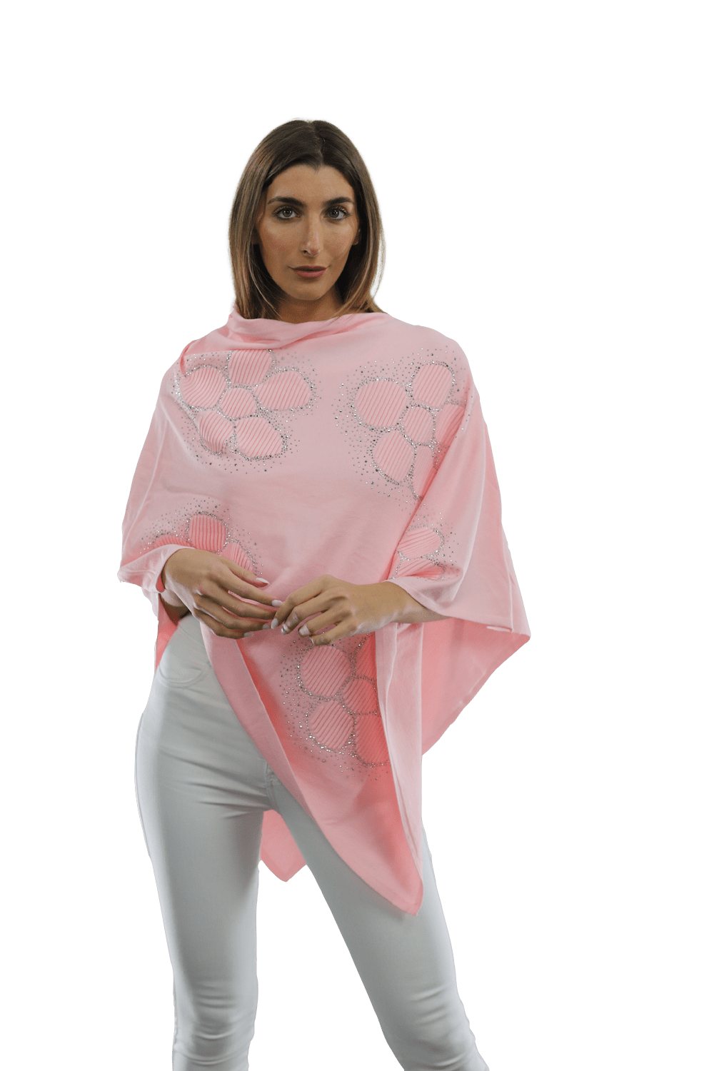Poncho with Embellished Floral Print - Poncho - La Fiorentina,Pink B40-L