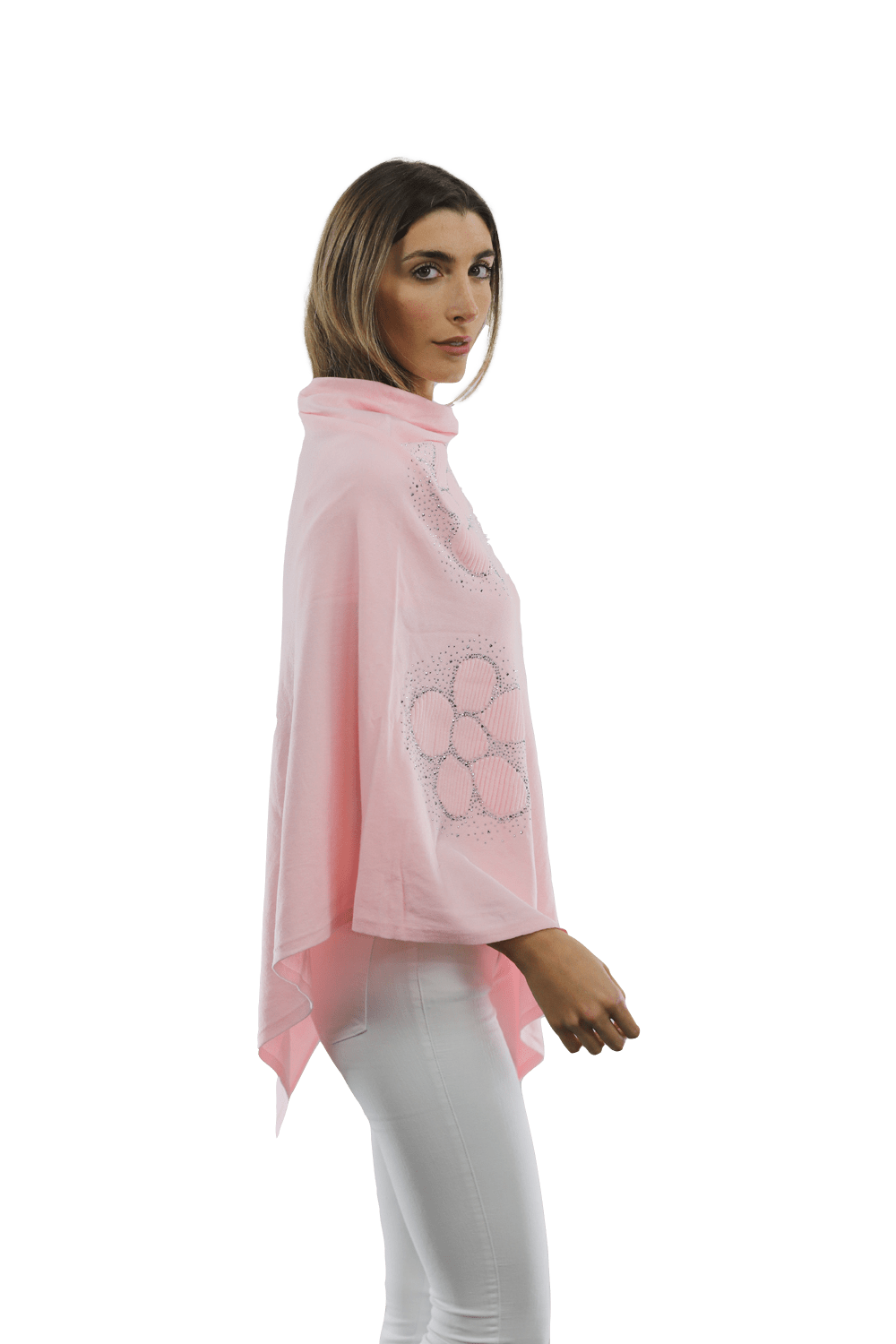 Poncho with Embellished Floral Print - Poncho - La Fiorentina,Pink B40-L