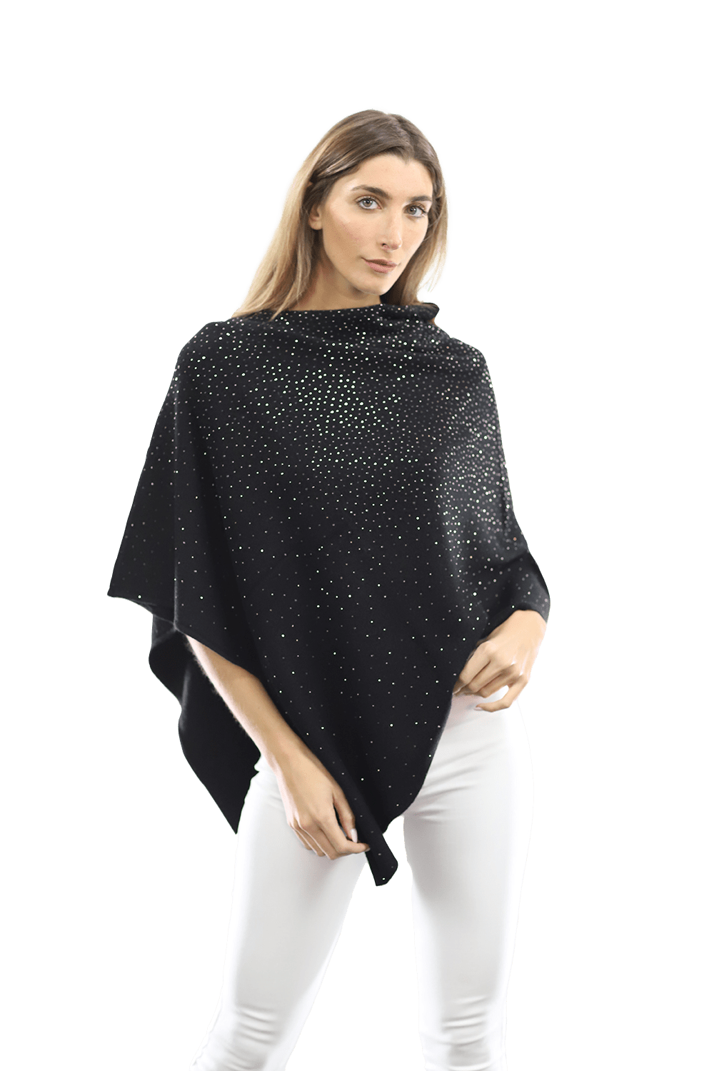Poncho with Embellishments all Around - Poncho - La Fiorentina,Black B40-DS_BLACK