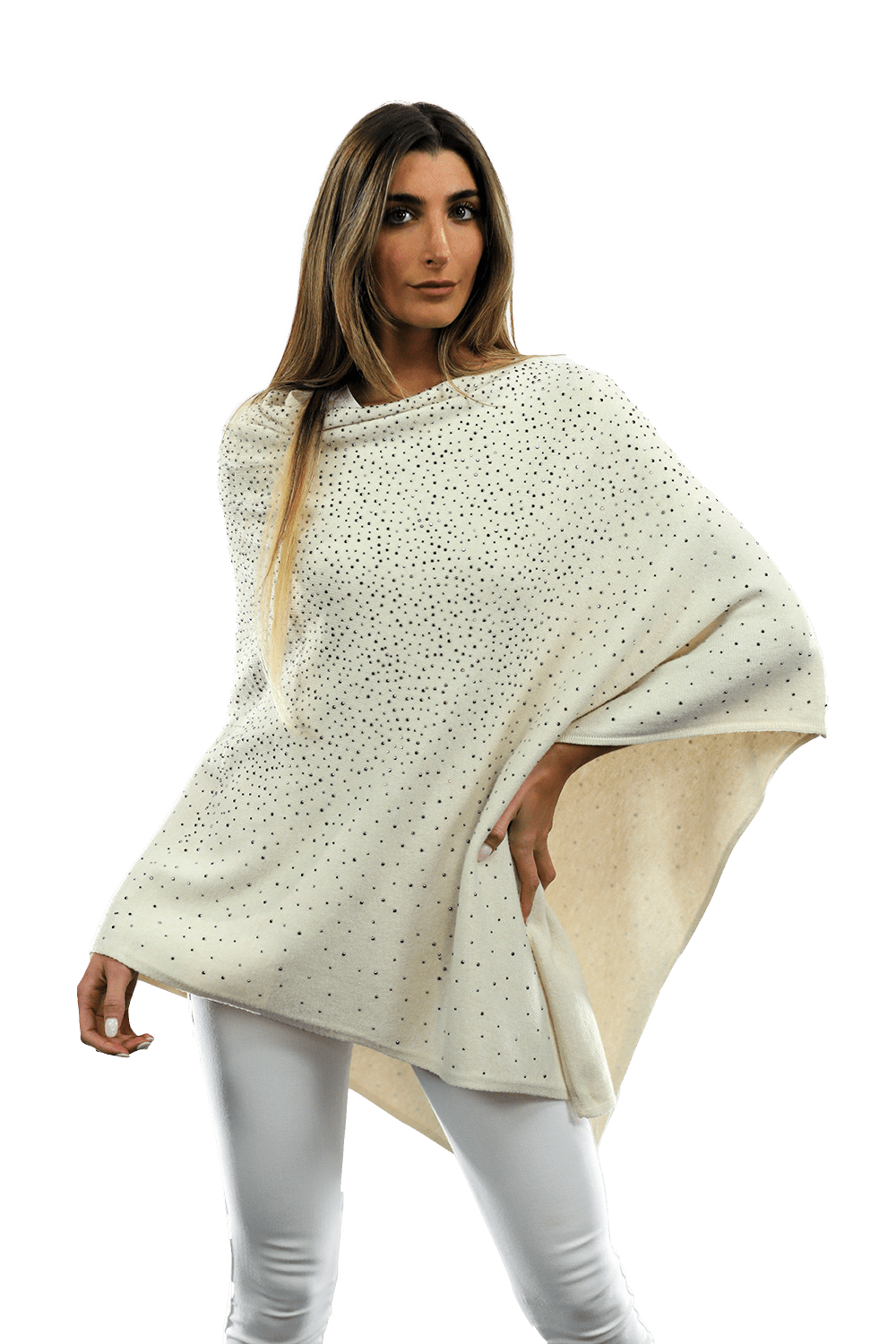 Poncho with Embellishments all Around - Poncho - La Fiorentina,Grey B40-DS_WHITE
